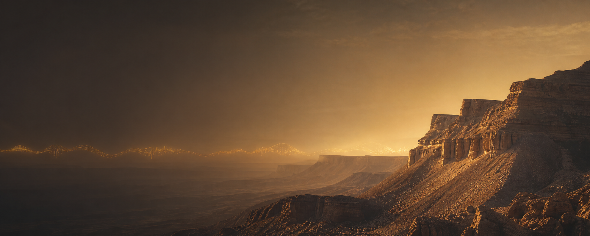 Tuwaiq mountain escarpment at golden hour with a subtle voice waveform